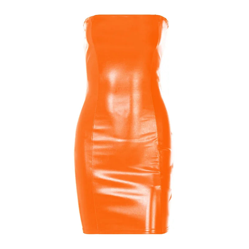 Women's Summer Sexy Tube Top Leather Dress Party Strapless Bodycon Pu Leather Slim Package Hip Mini Dress Trendy Streetwear 2024