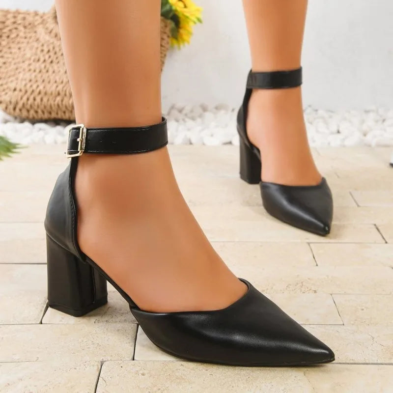 Women's Shoes Women's Fashion Pointed Toe Shallow Mouth Wrapped Head One Buckle Strap Block Heel Sandals