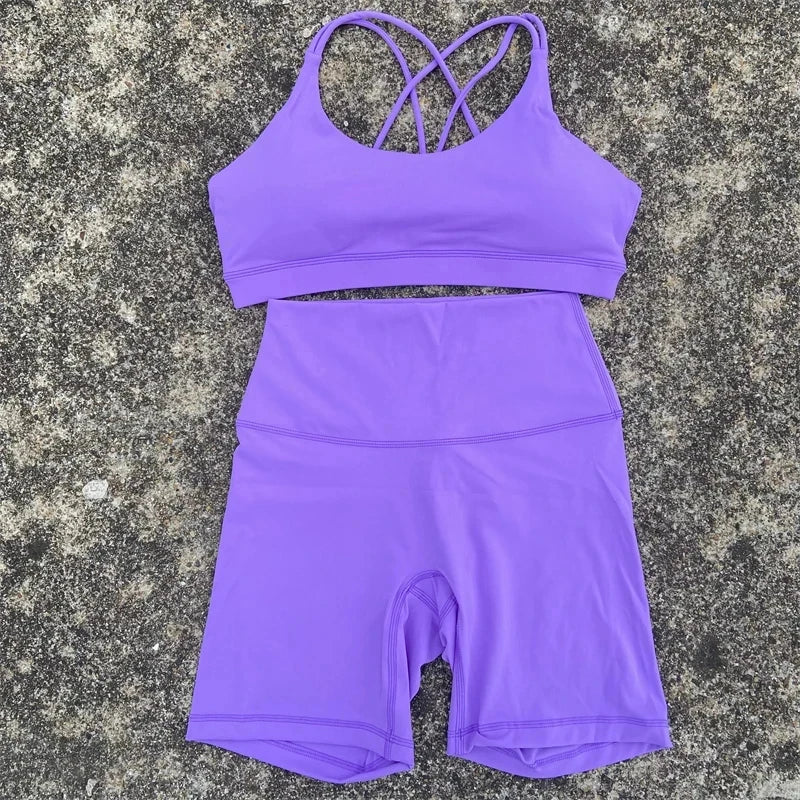 Solid Color Soft Women Gym Yoga Short Cycling Set Cross Back GymBra+High Waist Short Leggings High impact shockproof Sportwear