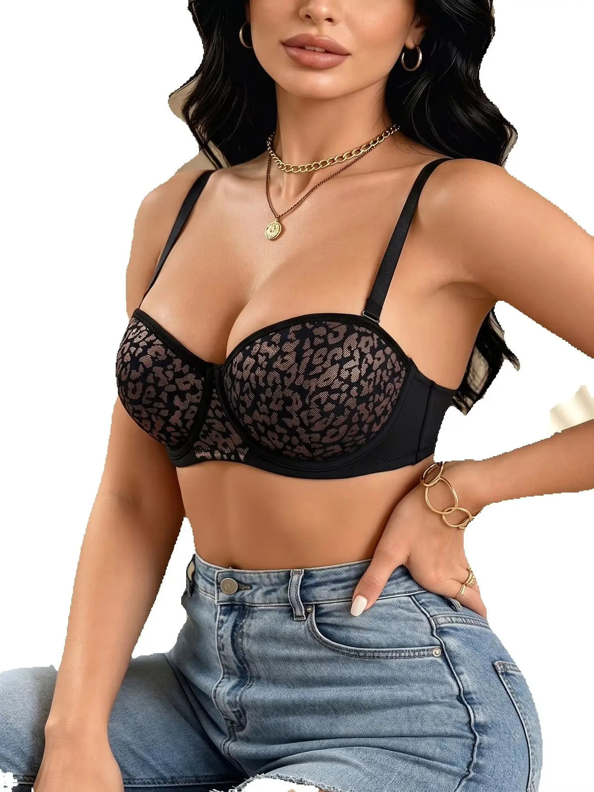 Trendy Leopard Print Women Bra Demi Cup Underwire Side Support Push-Up Brassiere Daily Thin Breathable Bra