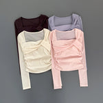 Women Square Neck Mesh Long Sleeve Yoga Top Shoulder Twist Side Ruched Soft Breathable Fitness Sports Tee ****