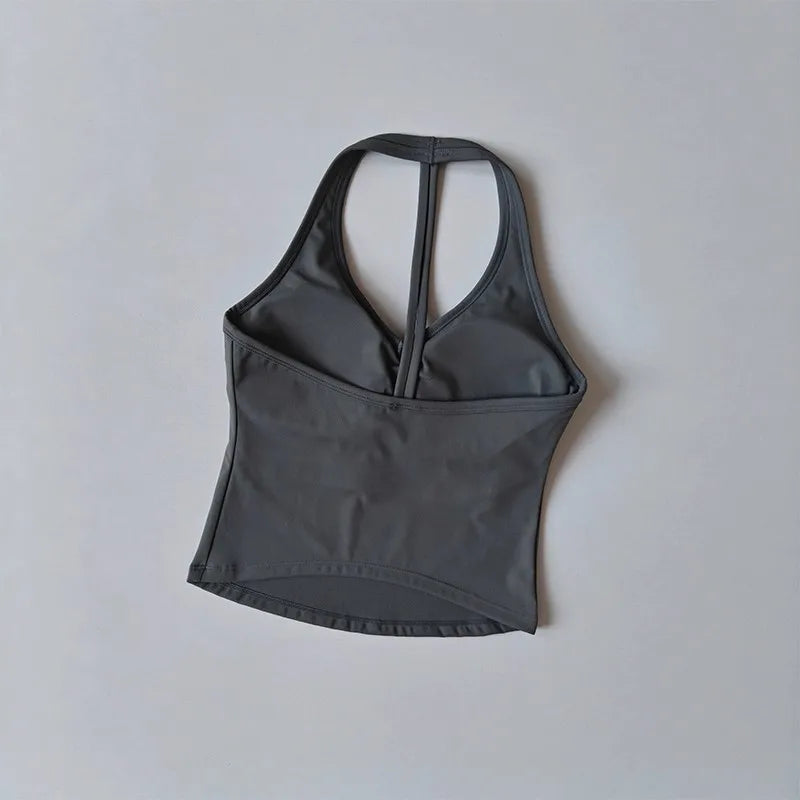 Women's Summer V-Neck Yoga Sports Vest Hanging Back Neck Design Outdoor Running Training Gathered Fit Top for Active Wear