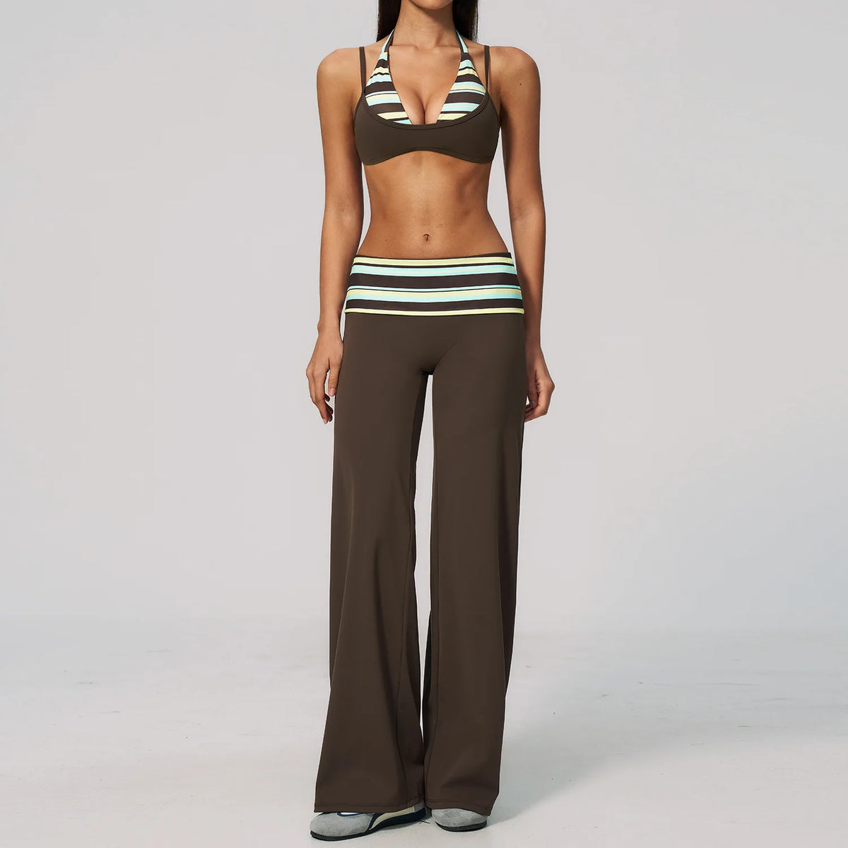 Fake Two-piece Sports Bra Yoga Sets Women Coffee Striped Patchwork Folding High Waist Wide Leg Pants Gym Running Fitness Suits