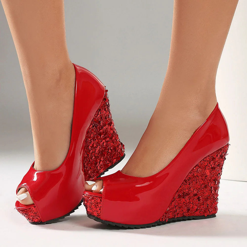 Plus Size Elegant Sequined White Chunky Platform Pumps Women's Black Pink Peep Toe Wedges High Heels Shoes for Party Wedding