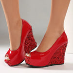 Plus Size Elegant Sequined White Chunky Platform Pumps Women's Black Pink Peep Toe Wedges High Heels Shoes for Party Wedding
