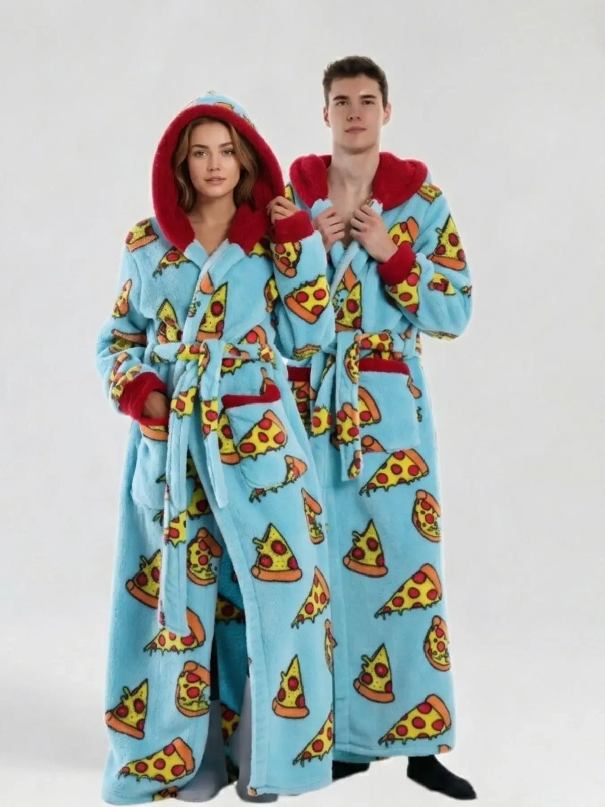 Winter Hooded Flannel Bath RobeCouples Loose Fit Animal Fruit Multi Print Long Loungewear Robe with Belt Double Side Pockets