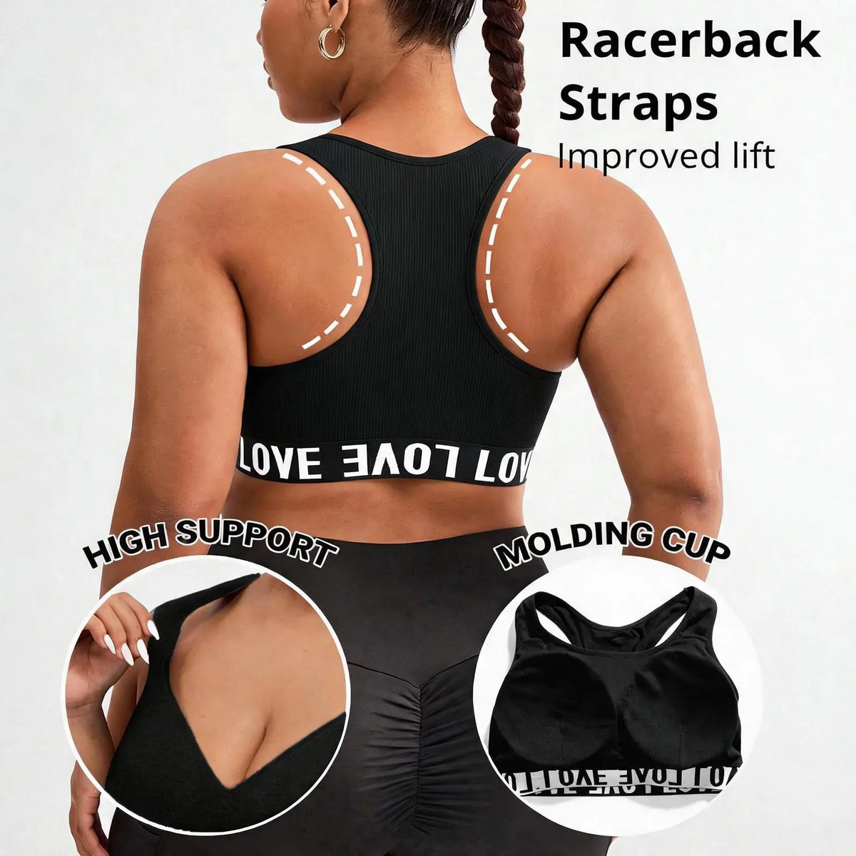 Plus Size Letter Print Racerback Sports Bra Wireless High Support Yoga Workout Crop Top