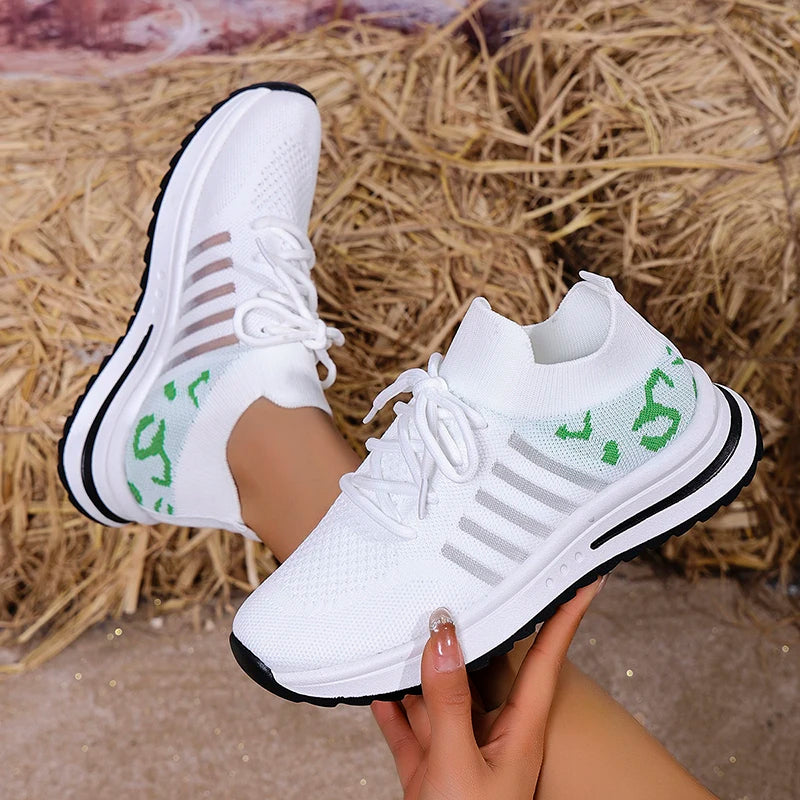 2026 Hollow Out Breathable Sneakers Women Plus Size Printed Thick Sole Walking Shoes Woman Comfortable Knitted Flats Female