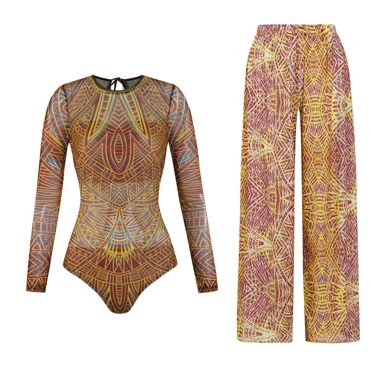 Colorful Printed Women One Piece Swimsuit Fashion Lady Long Sleeve Swimwear Retro Mujer Bodysuit with Pants Set Female Beachwear