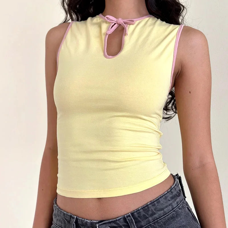 Women's Tank Tops Sleeveless Tie-up Cut Out Crew Neck Vest Summer Cropped Top Camis