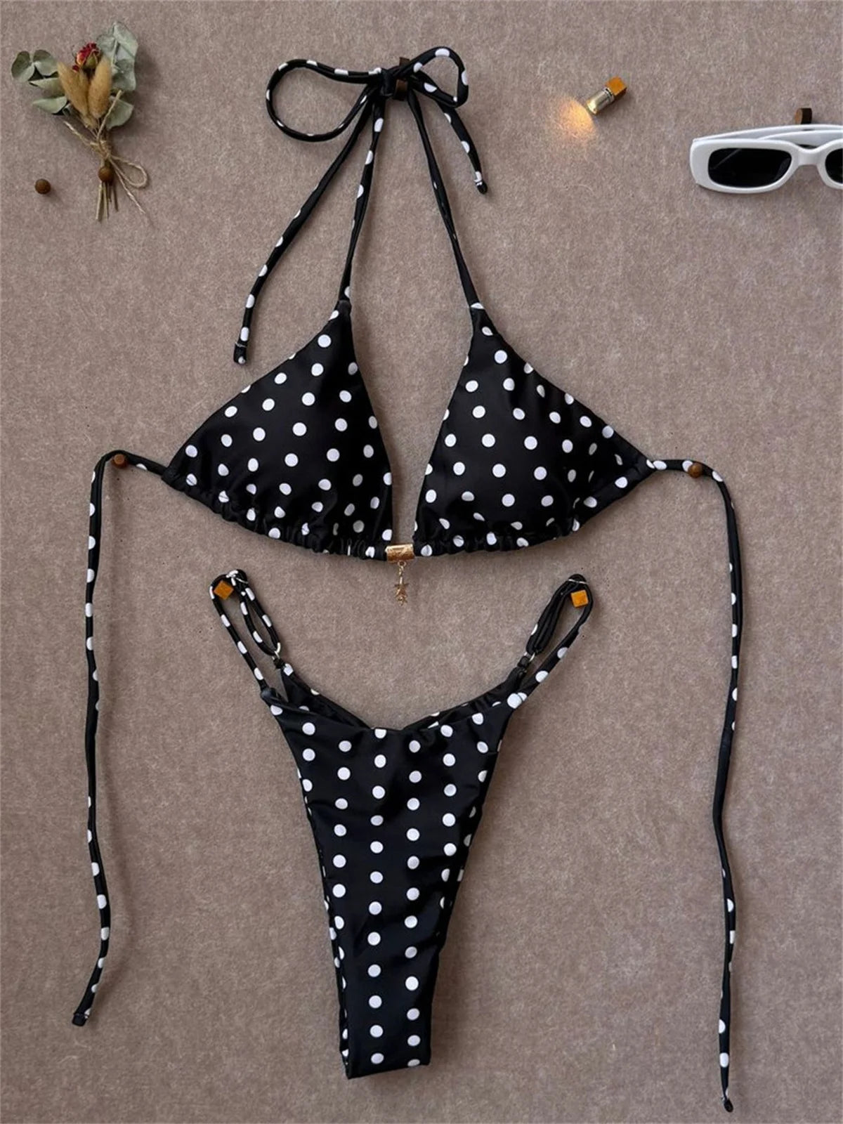 Sexy Black Polka Dot Print Bikini Set Women Pearls Push Up Bra Thong Swimwear 2026 Summer Bathing Suit Holiday Micro Swimsuit