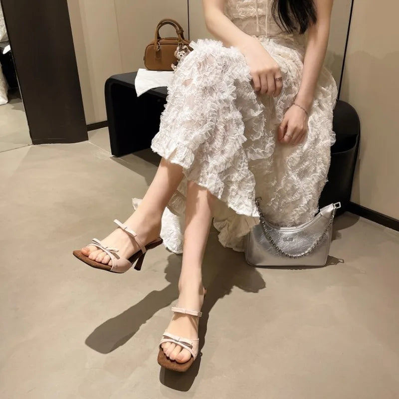 2026 Summer Women'S Fashion Bowknot Design Square Toes Slippers Open Toe Comfort Sandals Slippers