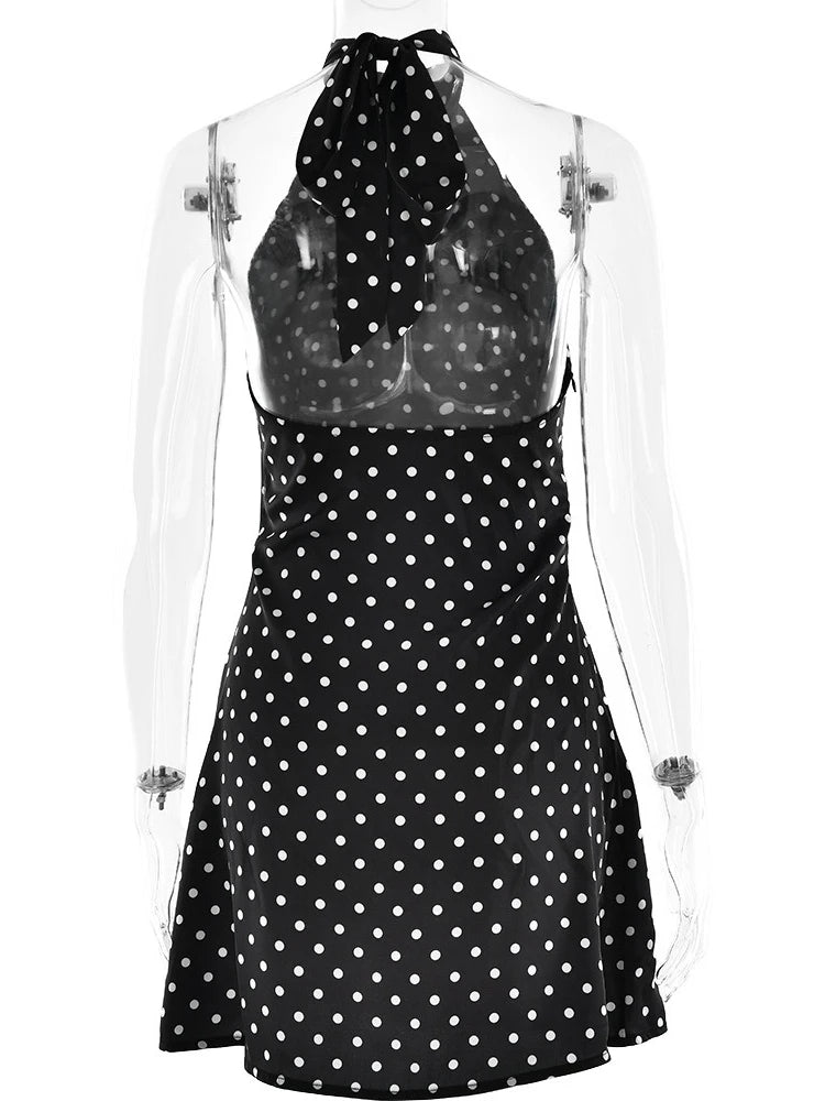 FDYOUI Woman Clothes Halter Sleeveless Polka Dot Satin Short Dress 2026 Summer Sexy Bandage Backless Mini Evening Party Dresses