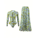 Vintage Green Leaves Print One Piece Swimsuit Long Skirt Sets Women Long Sleeve Zipper Slim Fit Bathing Suit Surf Swimwear 2026