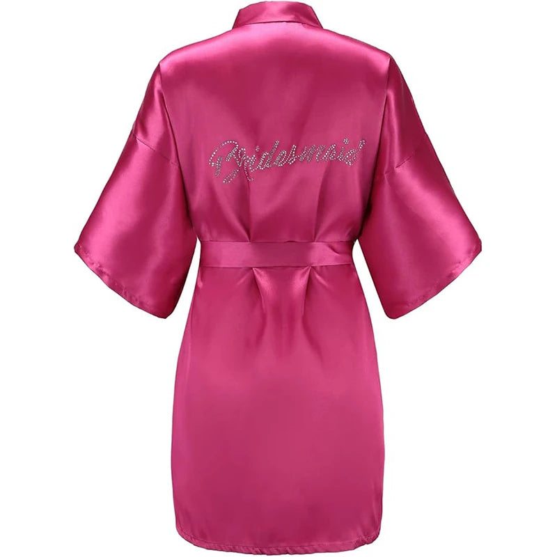 Women's Satin Kimono Robes with Rhinestones Bride Bridesmaid Short Getting Ready Wedding Dressing Gown