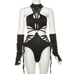 Hollow Out Sexy Cyber Y2k Bodysuits Gothic Mesh Patchwork Tops Female Glove Sleeve Mock Neck Bodysuit Fashion P4ZQ