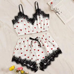 Women's Pajama 2PCS Pajama Suit Women Fashion V-Neck Stretch Satin Lace Sexy Lingerie Bowknot Pyjamas Sleep Shorts Set Sleepwear