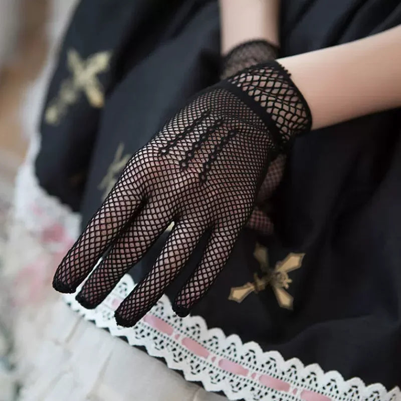 Girls Lolita Lace Hollow Out Gloves Women Ceremony Etiquette Mesh Thin Mittens Gothic Punk Sexy Glove Black White Soft Elastic