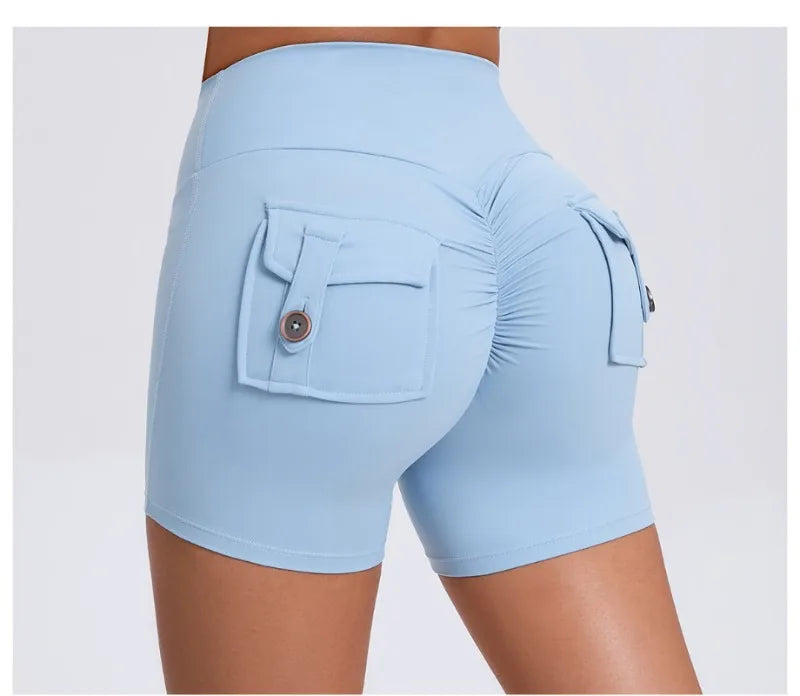 Women's Peach Lifting Yoga Shorts - High Waisted Stretchy Workout Shorts with Button Quick-Dry Tummy Control for Running Fitness