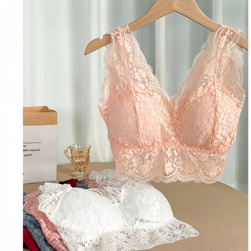 Lace Bras Top Women Sexy Deep V Neck Lingerie Wire Free Tank Tops Female Underwear V Back Bralette Tops Padded Camisole