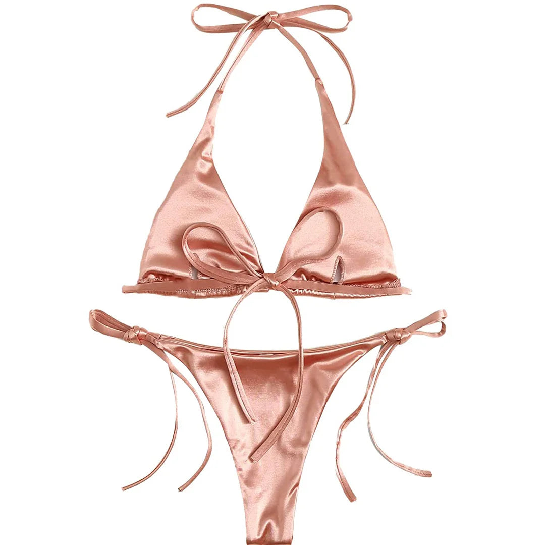 Sexy 13 Colors Halter Satin Brazilian Bikini Women Swimwear Female Swimsuit Two-pieces Bikini set Bather Bathing Suit Swim V4966