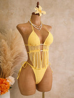 DEKA Sexy Yellow Triangle Bikini Set Women Halter Mesh Stone Swimwear Bandage Cross Crop Top Two Piece Swimsuit Beach Bathing Su