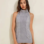 Women's Sleeveless Turtleneck Cable Knit Backless Mini Dress Sexy Virgin Killer Sweater Lingeries Halter Neck Intimate Uniforms