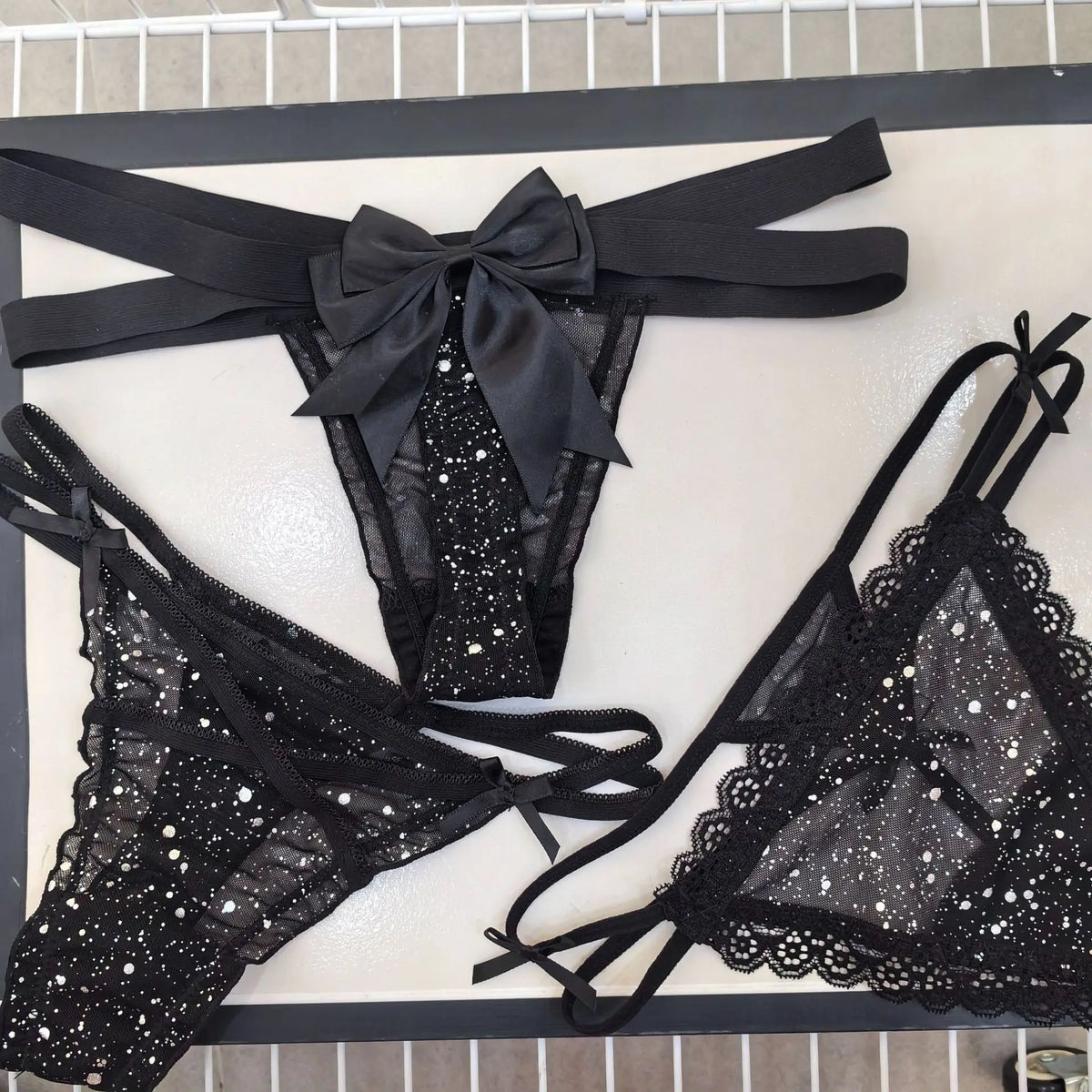 Sexy Women's Thong Erotic Cross Hollow T Pants Starry Sky Shiny Sequins Black Mesh Transparent Bow Perspective Briefs Lingerie