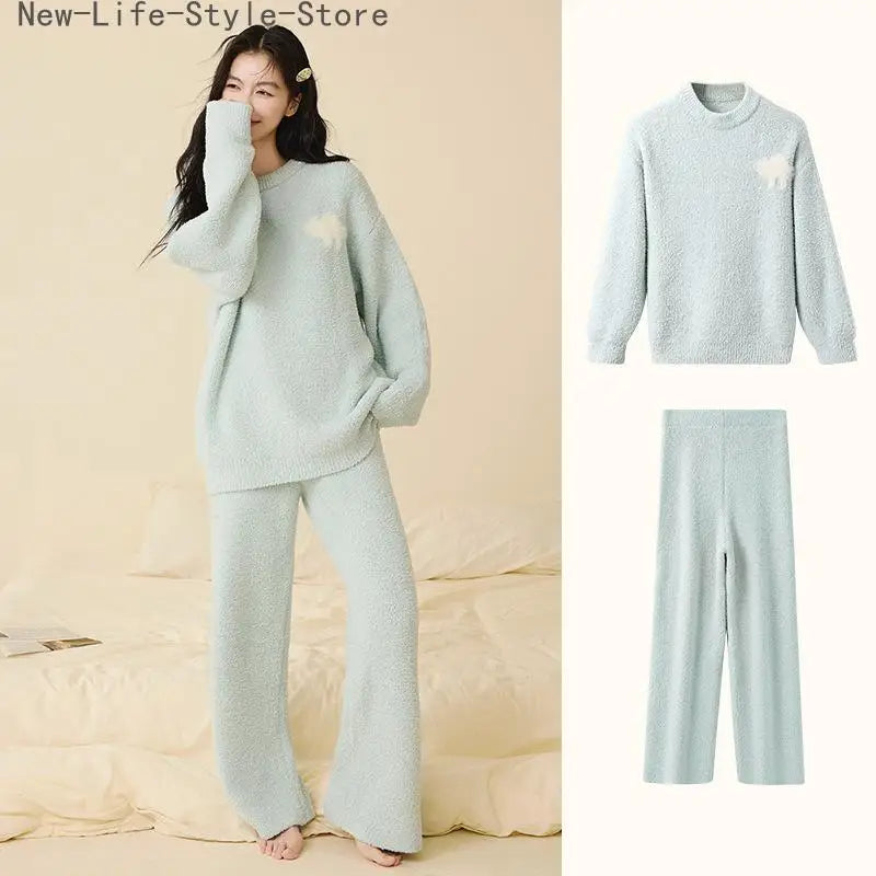Women Autumn Winter Half Fleece Pajama Set Solid Round Neck Thick Warm Soft Casual Homewear Sleepwear Suit Wearable Outside