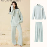 Women Autumn Winter Half Fleece Pajama Set Solid Round Neck Thick Warm Soft Casual Homewear Sleepwear Suit Wearable Outside