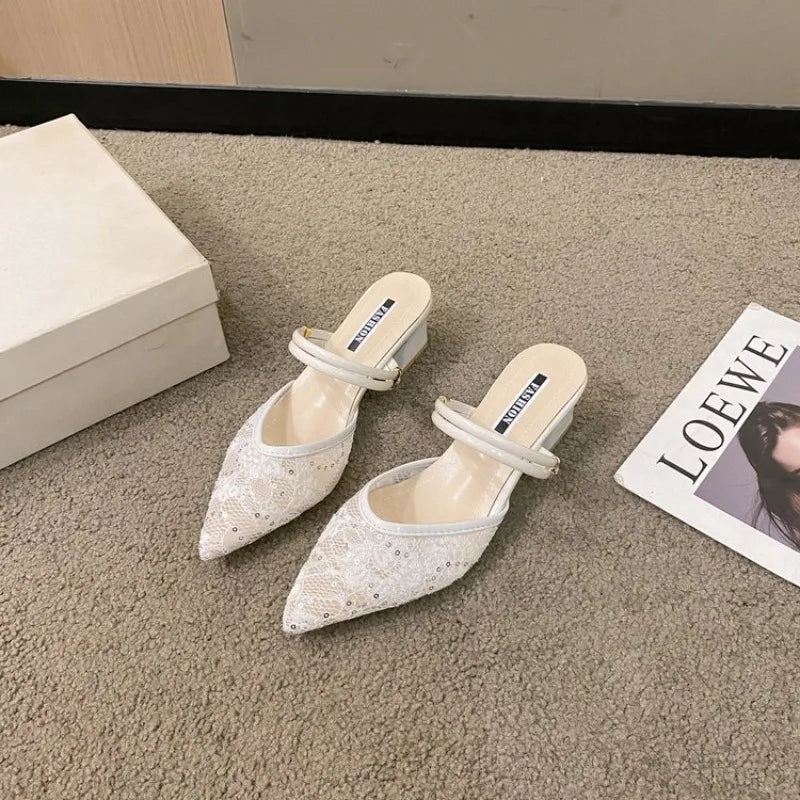 Large Size Women's Summer Outdoor Sandals Pointed Toe Mesh Upper Thick Heel Slip-On Korean Style Rubber Bottom Flats