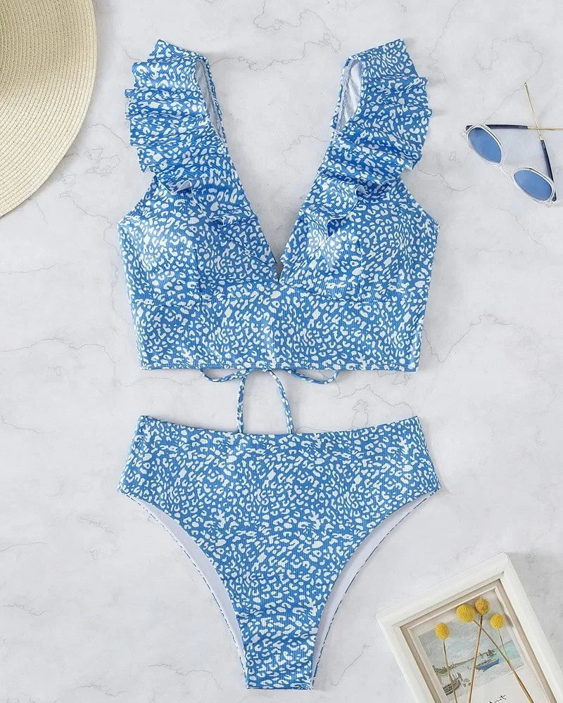 Solid Color Sexy V-neck Ruffle Bikini 2026 Women 2 Piece Swimwear Push Up Padded High Waist Swimsuit Summer Beach Bathing Suit