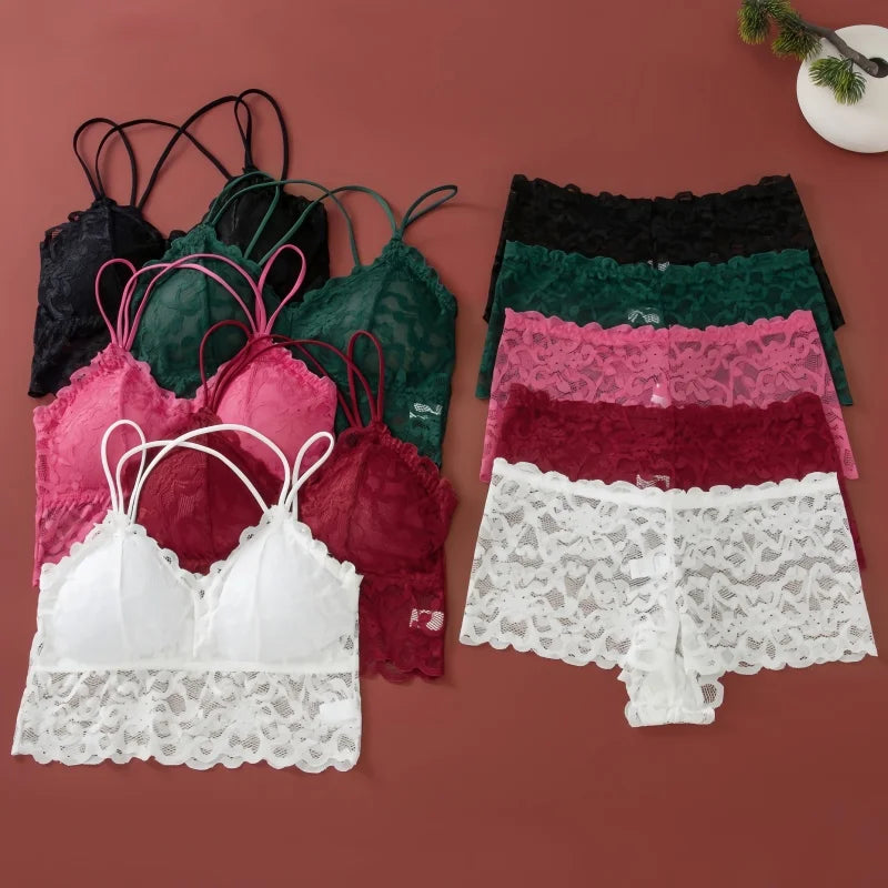 Women Lace Bra Set Bralette Low Rise Panties Nonwire Padded Bra Solid Color Underwear Set Female Sexy Lingerie Comfort Intimates