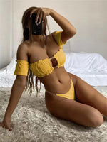 Sexy Solid Bikinis 2024 Women Off Shoulder Hollow Out Thong Swimsuit Brazilian Bathing Suit Ruffle Push UP Swimwear Biquini Swim