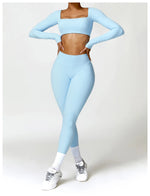 Hearuisavy Summer 2PCS Long Sleeve Gym Set Women Yoga Clothes Quick-Drying Sportswear Running Leggings Workout Sports Crop Top