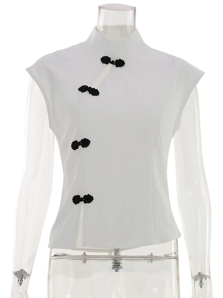 Fashion Women Short Sleeve Tops Tees Button Hollow Out Solid Slim Sheath Elegant Office Top Casual Cheongsam Inspired T-Shirt