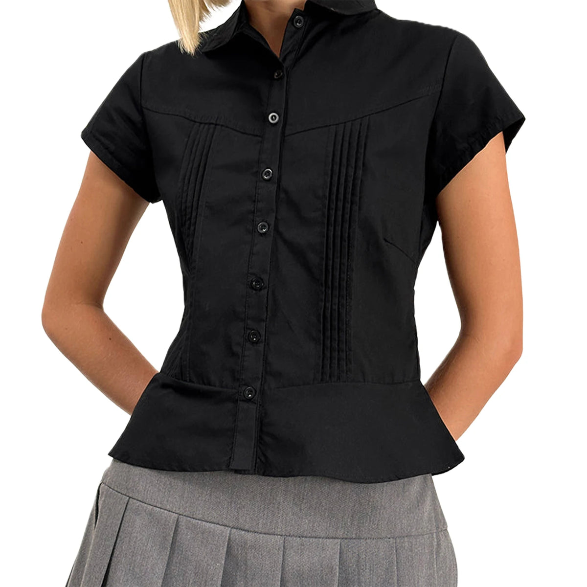 Women's Summer Slim Fit Shirt Solid Color Short Sleeve Lapel Button Down Pleated Tops Streetwear