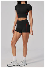 Color Contrast Yoga Suit Women Short Sleeve O Neck Sports T Shirts Tracksuit Outwear High Waist Shorts Gym Running Fitness Suits