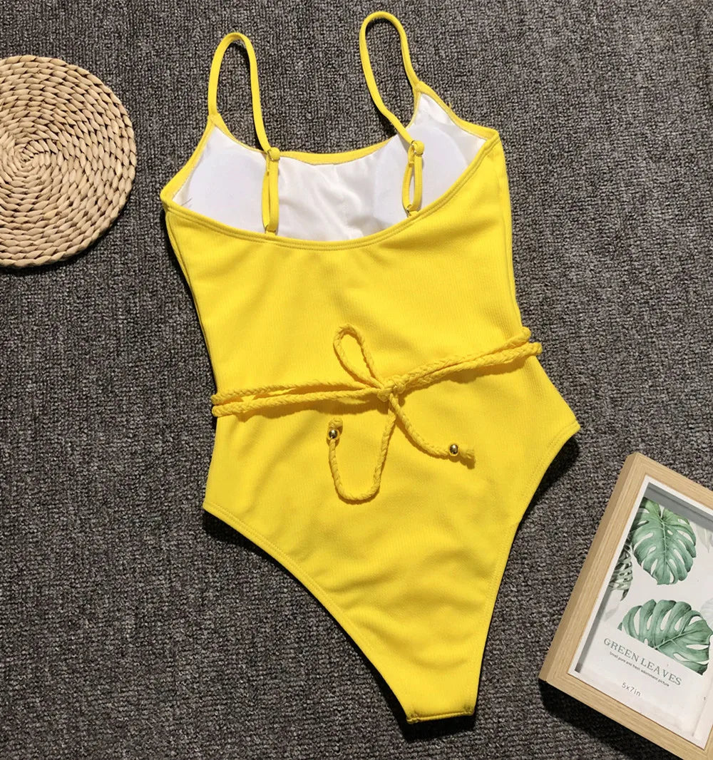 4 Colors Sexy One Piece Swimsuit Swimwear Women Solid Special Fabric Bathing Suit Beachwear with Waistband Maillot De Bain Femme
