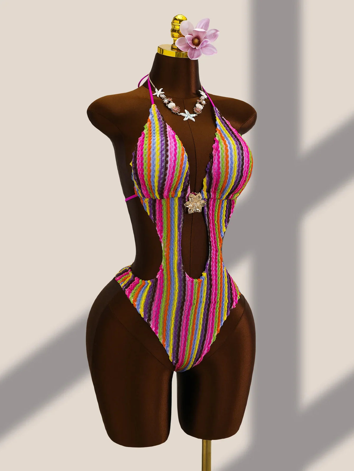 Vintage Black Striped One Piece Swimwear Women 2026 3D Metal Flower Hollow Out Backless Beach Holiday Bathing Suit Swimsuit