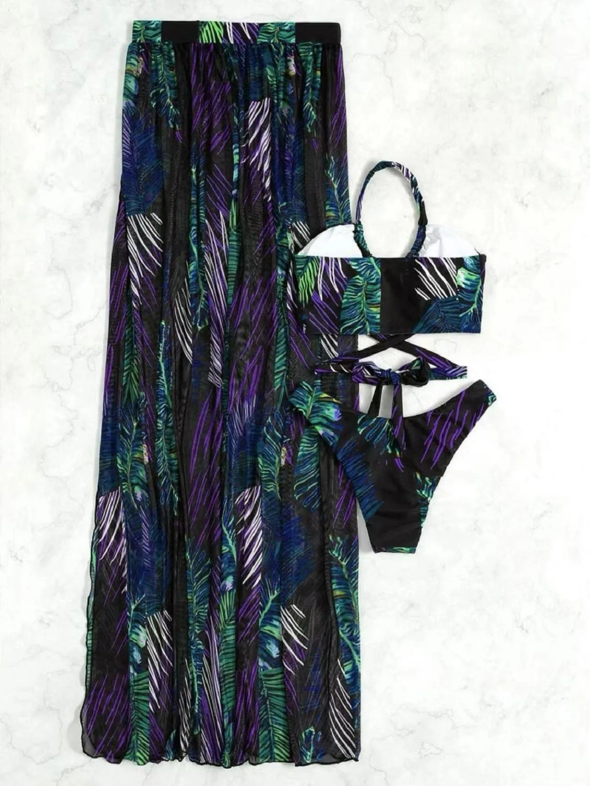 2024 Halter Criss Cross Bikini Tropical Print Swimsuit & Beach Dress 3 Piece Sexy Swimwear Women Bathing Suit Beachwear Summer