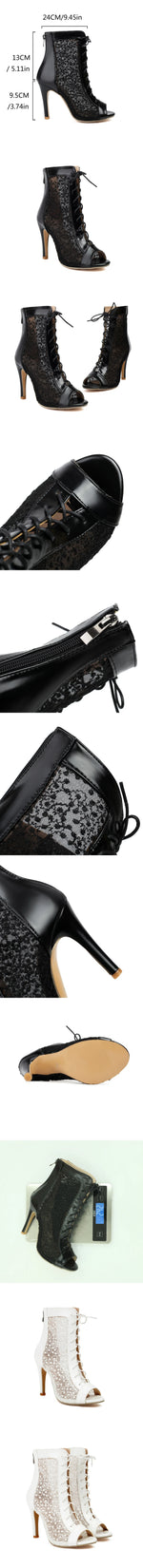 Plus Size 32-48 Sexy Black Mesh Lace Jazzi Summer Boots Women Elegant Peep Toe Thin High Heels Zip-up Ankle Boots Party Shoes