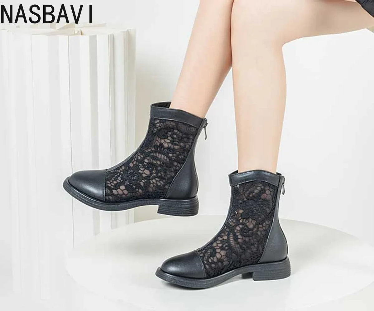 Women White Gladiator Ankle Boots Round Toe Square HeelBreathable Mesh Large Size 34-45 Sweet Princess Cool Sandals Boots New