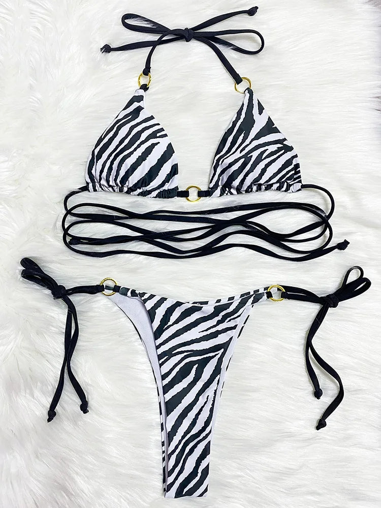Zebra Leopard Wrap Around Halter Micro Mini Bikini Women Swimwear Female Swimsuit Two-pieces Bikini set Bather Bathing Suit Swim