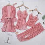 2025 New Gold Velvet Lace Sleepwear Women's Long Sleeve Home Clothes Set with Chest Pad Strap Four Piece Suite Winter Season