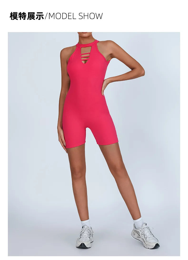 Sexy Fitness Yoga Jumpsuit Women Hollow V Neck Tight Backless Sports One Piece Suits Quick Drying Sleeveless Scrunch Romper