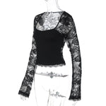 FDYOUI 2026 New Lace Patchwork Long Sleeve T-shirts for Women Square Collar See-through Slim Crop Tops White Black Tee Shirt