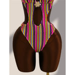 Striped Colorful Halter Cut Out One Piece Swimsuit Women Swimwear Female Monokini High Leg Cut Bather Bathing Suit Swim V8304