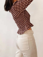 Women Fashionable Casual Round Neck Smocked Bubble 3/4 Sleeve Tops Summer Fall Plaid Print Ruffled T-shirts