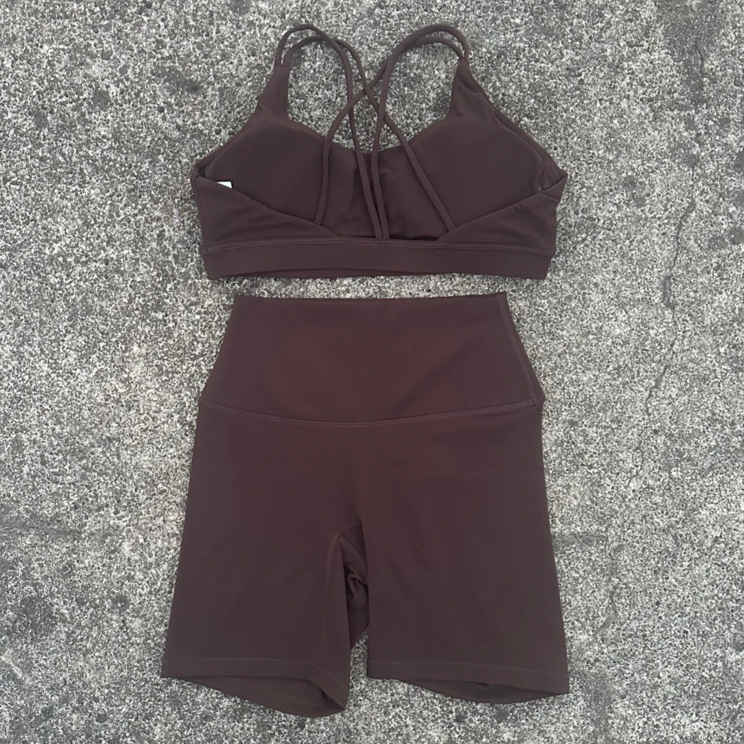 Solid Color Soft Women Gym Yoga Short Cycling Set Cross Back GymBra+High Waist Short Leggings High impact shockproof Sportwear
